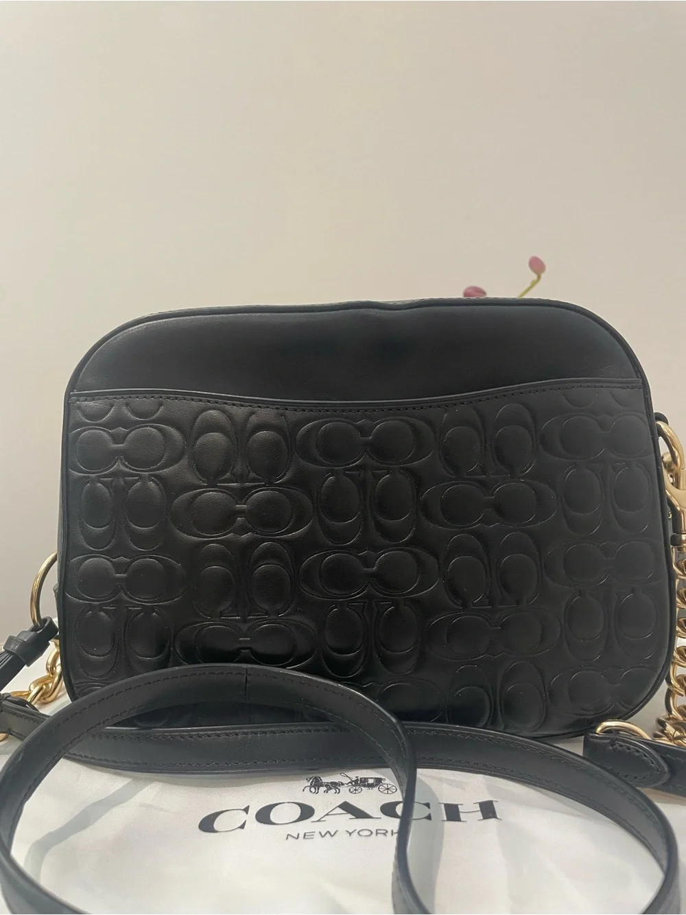 Coach Black Embossed Leather Camera Crossbody with Gold Chain